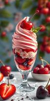 Delicious dessert with swirls of soft serve and fresh berries in a glass cup during a sunny afternoon photo