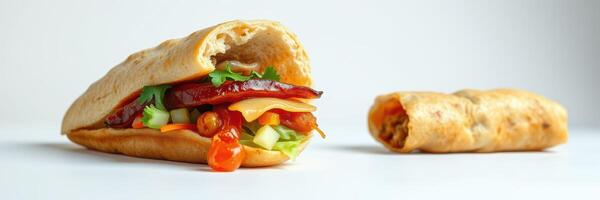Delicious tortilla wraps filled with fresh ingredients on a plain background photo