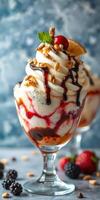 Delightful dessert with whipped cream, fruit, and chocolate sauce served in a glass bowl at a summer gathering photo
