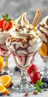 Delicious ice cream sundae topped with whipped cream, nuts, and fruit served in a glass bowl photo
