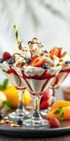 Delicious dessert parfaits served in elegant glass dishes with fresh fruits and whipped cream photo
