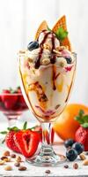 Delicious ice cream sundae with fresh berries and caramel drizzle served in a glass dish photo
