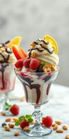 Delicious dessert featuring ice cream, fresh fruits, and nuts in a stylish serving dish enjoyed in a cozy setting photo