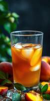 Refreshing iced tea with peaches and mint on a wooden table surrounded by fresh fruit photo
