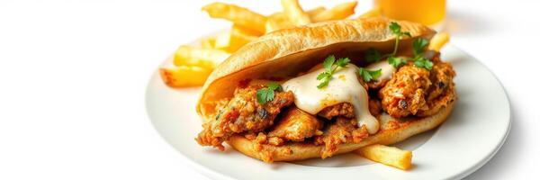 Delicious crispy chicken sandwich served with golden fries and a refreshing drink on a bright table photo