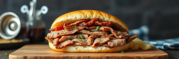 Delicious beef sandwich served in a freshly baked roll with toppings on a wooden cutting board photo