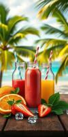 Colorful fruit juices served in bottles with vibrant straws on a tropical beach photo