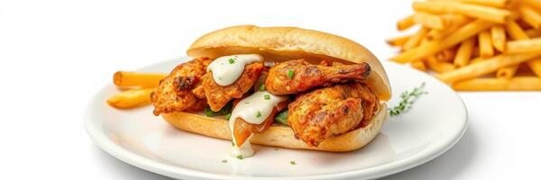 Savory fried chicken sandwich served with crispy fries on a white plate in a casual dining setting photo