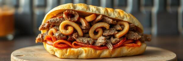 Delicious sandwich loaded with sliced meat and spiral pasta served on fresh bread in a cozy setting photo