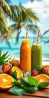 Colorful tropical smoothies with fresh fruit on a wooden table by the beach in sunny weather photo