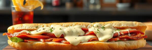 Mouthwatering sub sandwich with savory meats and creamy sauce served alongside refreshing drink photo