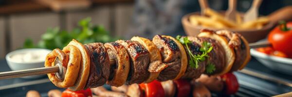 Grilled meat skewers with vegetables and spices prepared in a cozy kitchen setting photo