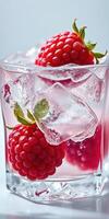 Refreshing raspberry drink with ice cubes and mint garnish in a glass photo