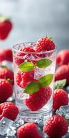Refreshing raspberry drink with mint leaves and ice presented on a clear countertop photo