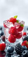 Refreshing mix of raspberries and blackberries in a glass filled with ice and mint on a bright surface photo