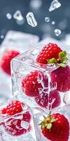 Refreshing raspberries frozen in ice cubes for a cool summer drink presentation photo