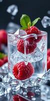 Refreshing raspberry drink with ice in a glass surrounded by more raspberries and ice photo