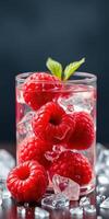 Refreshing raspberry drink garnished with mint leaves on ice photo