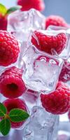 Fresh raspberries and ice cubes create a refreshing summer treat with vibrant colors and textures photo