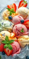 Colorful assortment of delicious ice cream scoops with fresh fruit and mint leaves in a bowl photo
