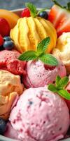 Colorful assortment of ice cream scoops topped with mint leaves in a vibrant bowl filled with fresh berries photo