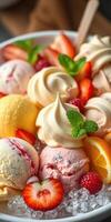 Colorful assortment of ice cream with fresh fruits and mint leaves on a dessert platter photo