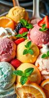 Colorful assortment of ice cream scoops topped with fruit and mint leaves arranged on a platter photo