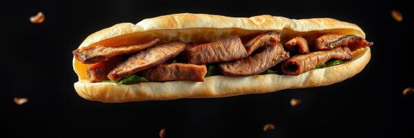 Delicious meat sandwich with grilled strips and fresh vegetables arranged on a black background photo