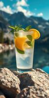 Fresh lemonade cocktail served with mint leaves and lemon slices near a lake in the mountains during sunny weather photo