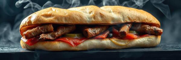Delicious grilled meat sandwich served with fresh vegetables and sauces in an appetizing presentation photo