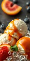 Ice cream sundae topped with caramel sauce, fresh strawberries, and mint on a dark background photo