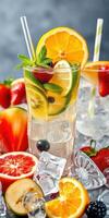 Refreshing fruit cocktails served in glasses with ice, vibrant fruits, and garnishes on a colorful background photo