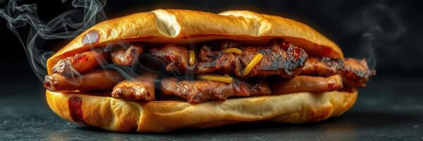Savory grilled meat sandwich with smoky aroma and fresh toppings on a dark background photo