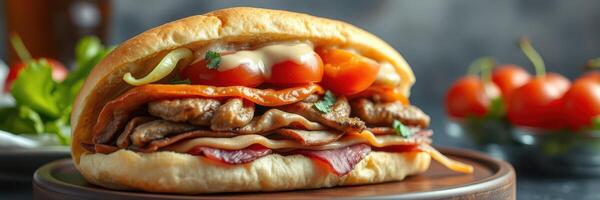 Delicious sandwich filled with grilled meat, fresh tomatoes, and vegetables served on a wooden board photo