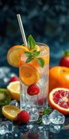 Refreshing citrus and berry drink garnished with mint on a dark background with fresh fruits photo