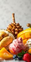 Colorful tropical fruits and ice cream create a delightful summer dessert spread at a sunlit kitchen photo