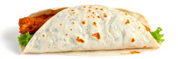 Tasty chicken wrap filled with fresh lettuce on a plain tortilla served as a quick meal option photo