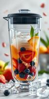 Fresh fruits and ice blend together in a clear blender ready for a refreshing drink preparation photo