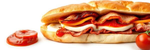 Delicious sandwich filled with meats, cheeses, and condiments served on fresh bread with tomatoes on the side photo