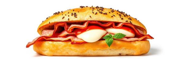 Delicious sandwich with layers of ham, cheese, and sauce served on a fresh bun photo