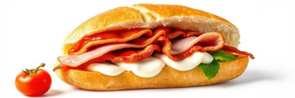 Delicious sandwich with layers of ham and fresh ingredients ready to enjoy photo