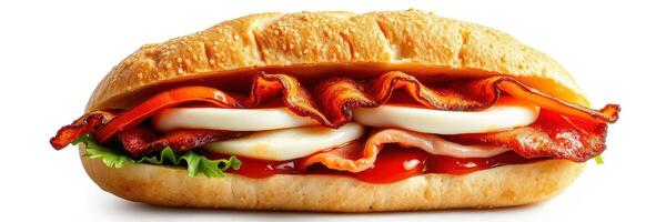 Freshly made sandwich with layers of bacon, cheese, and vegetables on crusty bread photo