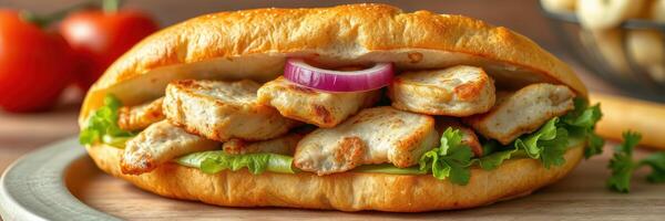 Delicious chicken sandwich served with fresh vegetables on a wooden table with tomatoes in the background photo