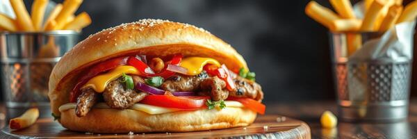 Juicy burger with cheese and fresh vegetables served alongside crispy fries on wooden table photo