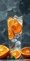 Refreshing citrus drink with ice and orange slices served in a tall glass on a textured background photo