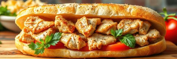 Delicious grilled chicken sandwich served on fresh bread with tomatoes and parsley photo