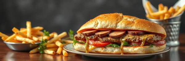 Juicy burger with melted cheese and crispy fries served in a casual dining setting photo