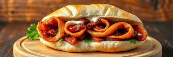 Delicious sandwich filled with savory meats and fresh toppings served on a wooden platter photo