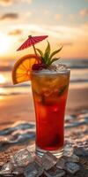 Sunset cocktail on the beach with vibrant colors and refreshing ingredients for a relaxing evening photo