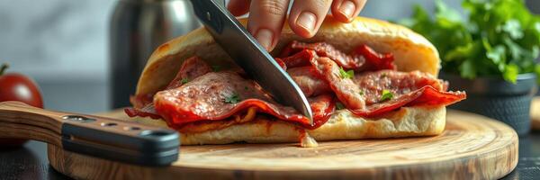 Preparing a delicious sandwich with fresh ingredients and skilled hands in a cozy kitchen setting photo